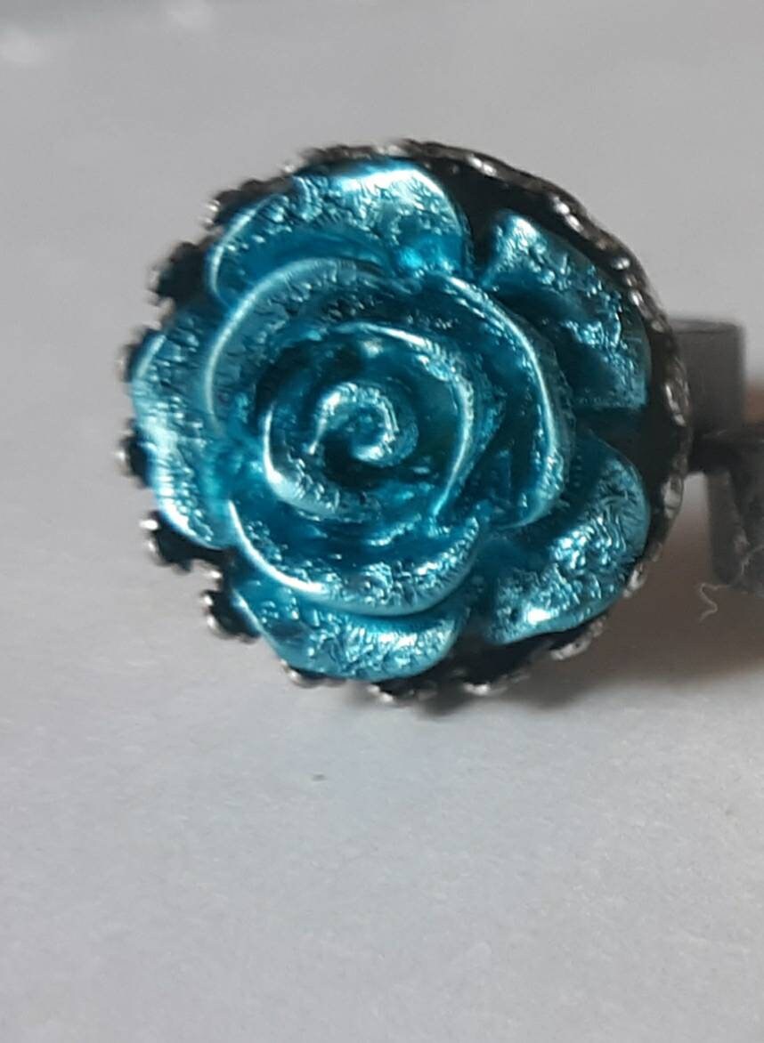 Silver or Blue Metallic Flower Earring and Ring Set