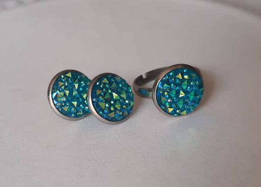 Blue Sparkle textured Earring and Ring set