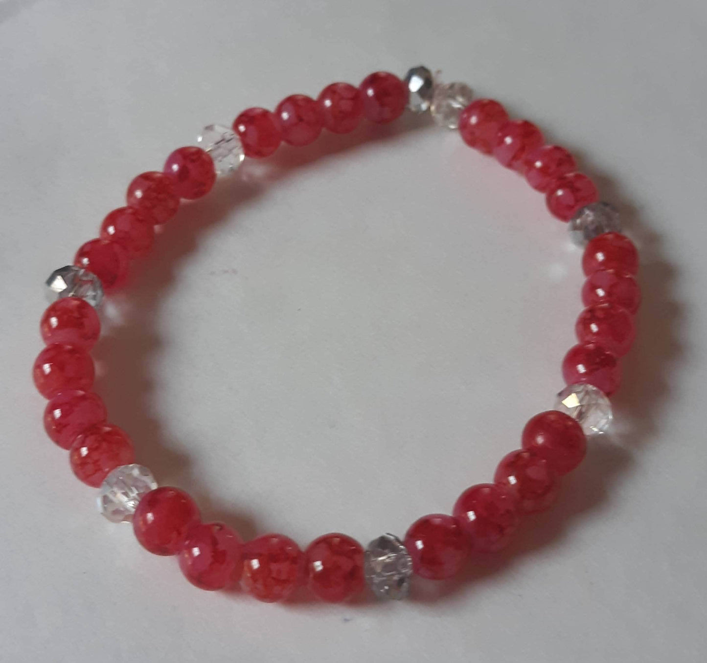 Red Marbled Silver and Clear Sparkle Bracelet