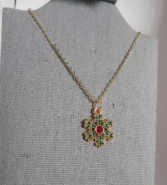 Gold, Green and Red Christmas Snowflake Necklace