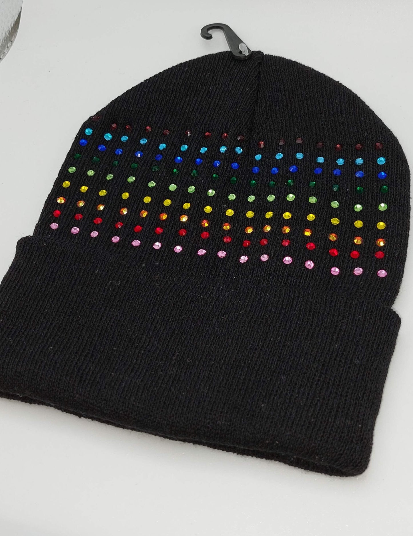 Black Rainbow Rhinestone Sparkly Winter Knit Hat Skull Cap Beanie