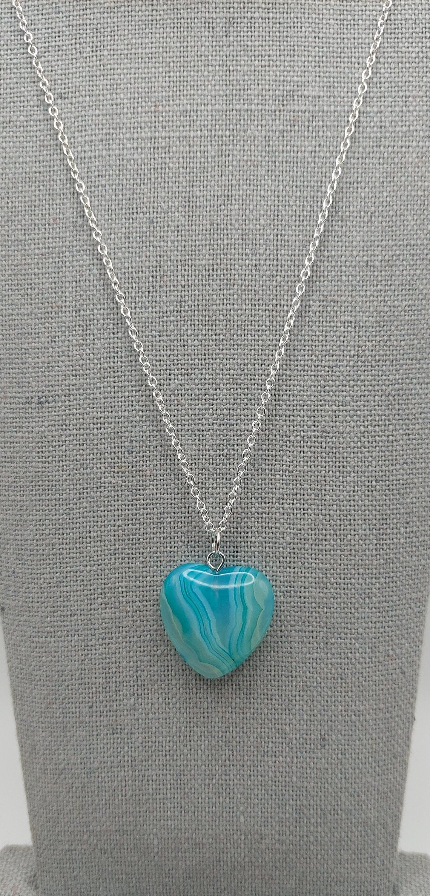Blue and White Onyx Agate Heart Pendant Necklace