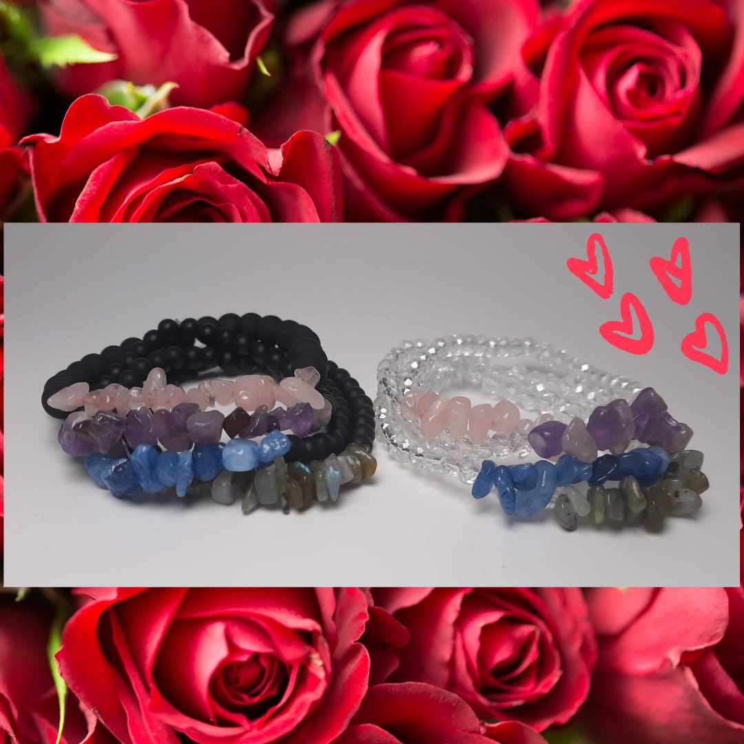 Personalized Matching Couples Beaded Bracelet Natural Stone Pick your color! Valentine's Day Gift. 4 colors Pink Purple Blue Grey