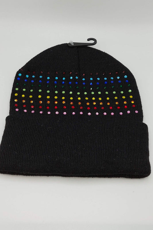 Black Rainbow Rhinestone Sparkly Winter Knit Hat Skull Cap Beanie