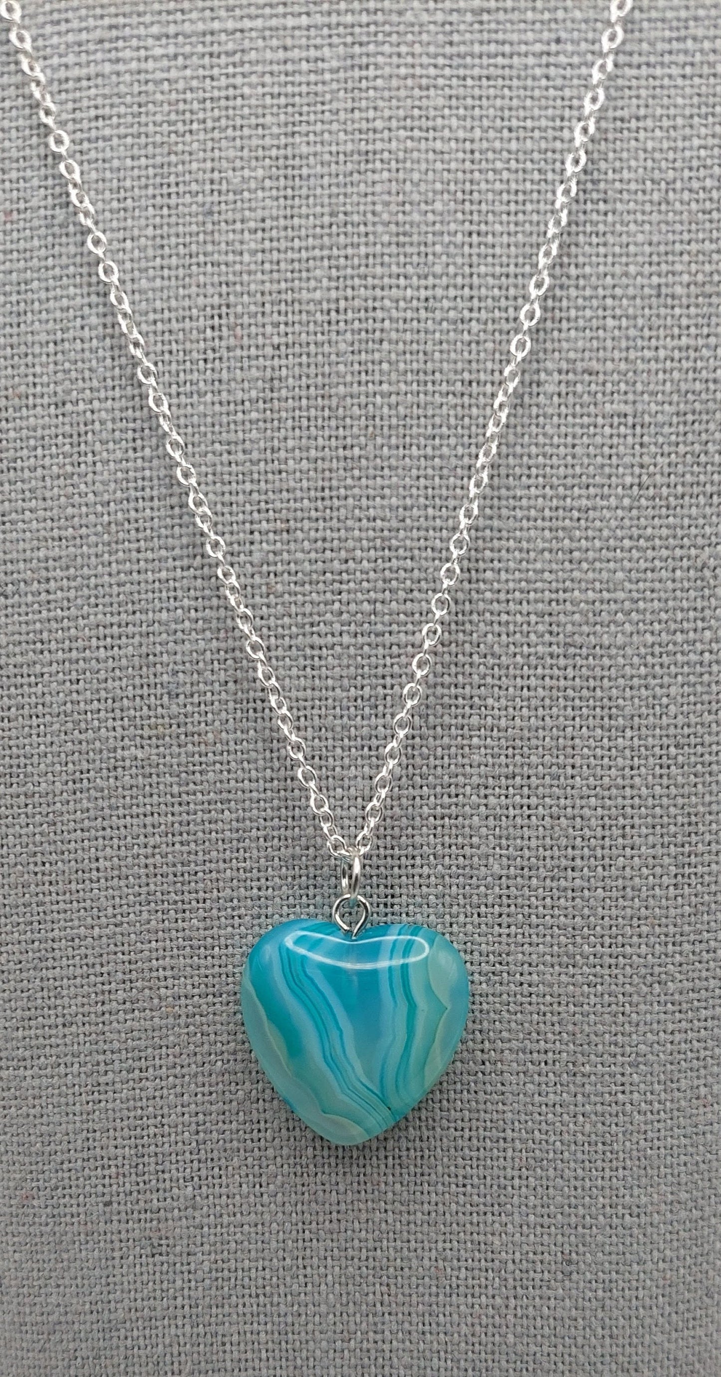 Blue and White Onyx Agate Heart Pendant Necklace